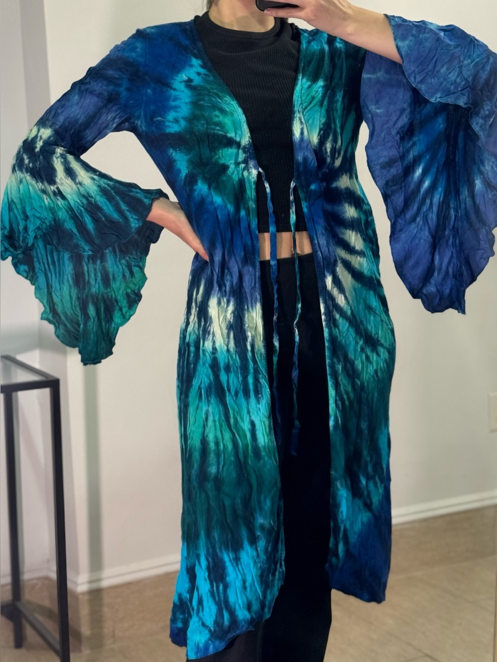 Tie-Dye Long Kimono Duster in Teal & Navy
